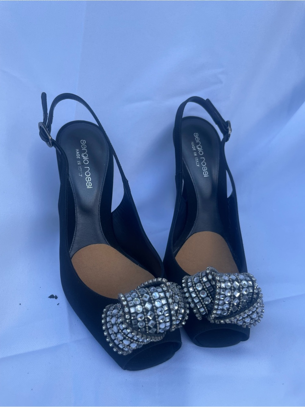 Sergio Rossi Black Slingback Peep-Toe Heels with Crystal Bow